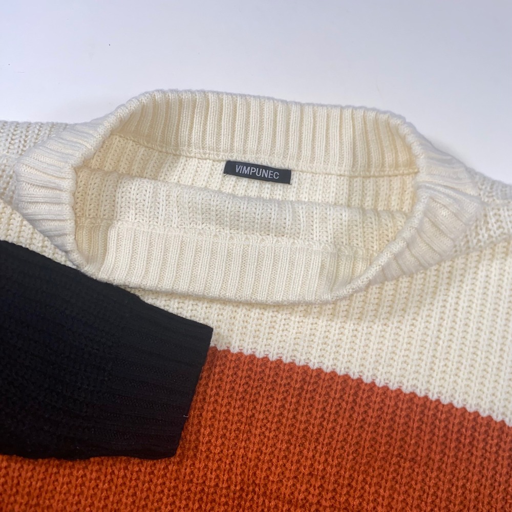 Vimpunec Womens Colorblock Shaker Rib Knit Sweater Cream Rust Black Relaxed XL